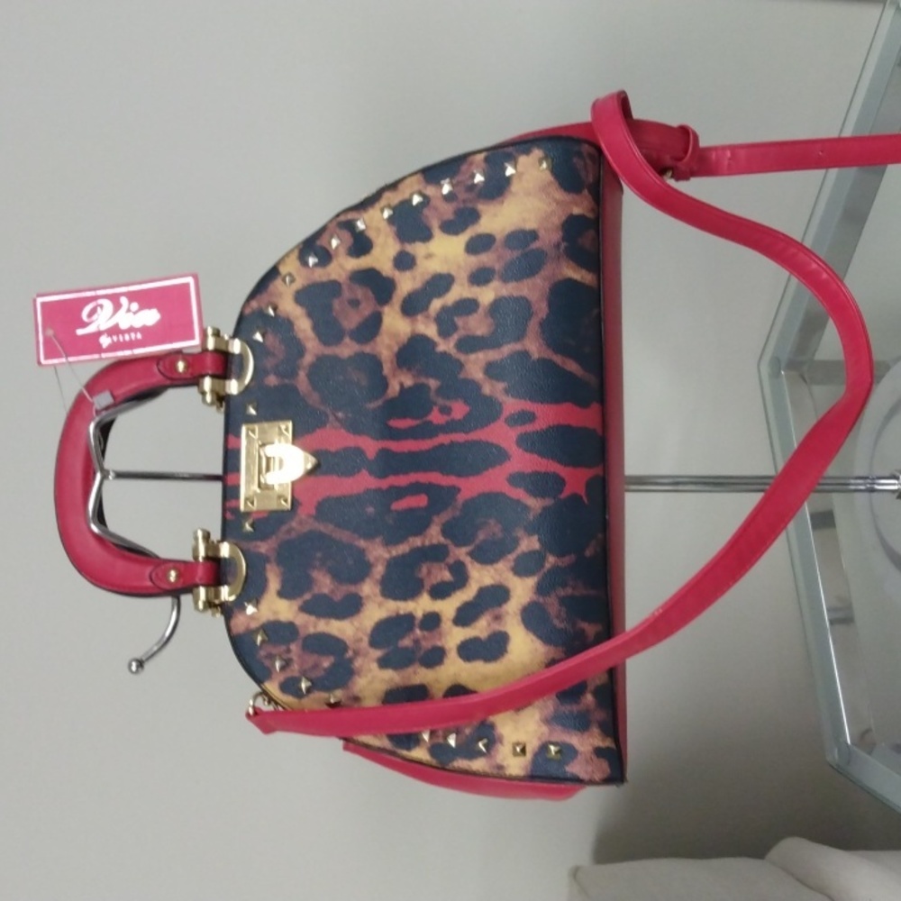 New Via by Vieta Red Black Leopard Studded Satchel Purse or Crossbody 41…